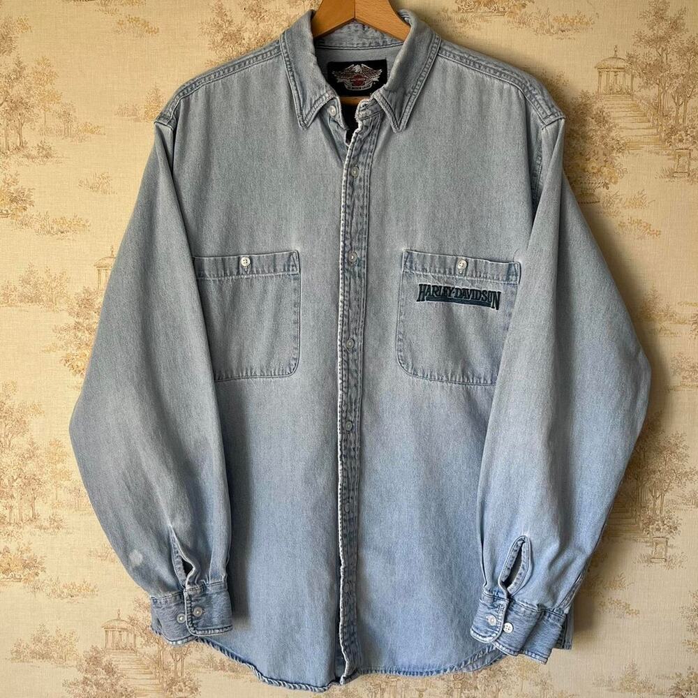 Vintage 90s Harley-Davidson Denim Shirt | Distressed Grunge Wash | Size L